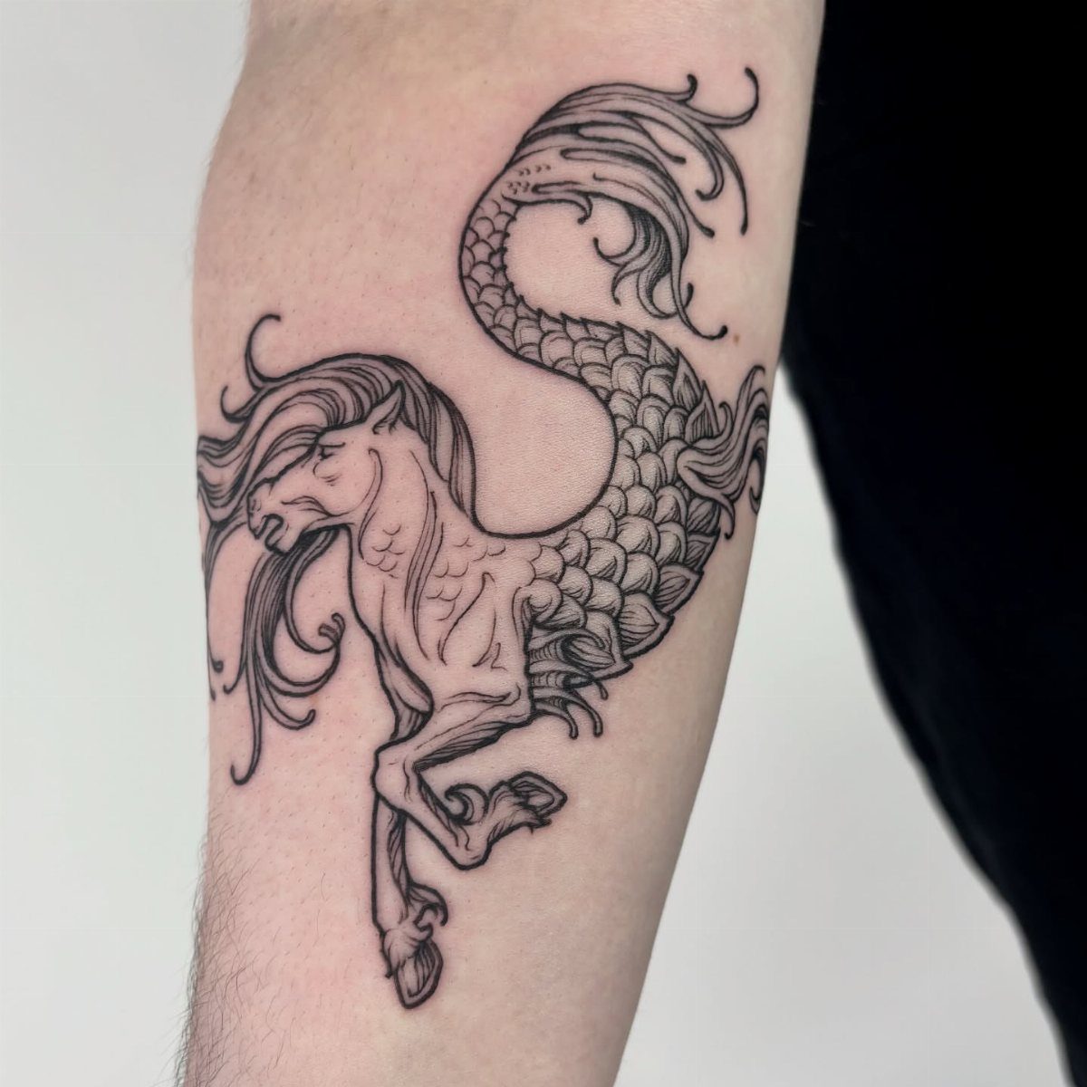 Hippocampus tattoo on a person's forearm featuring black ink and detailed scales