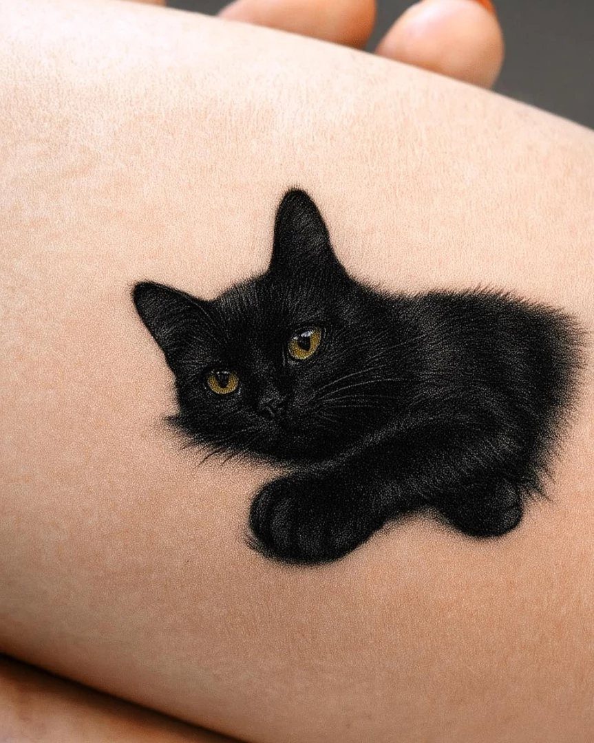 Realistic black kitten tattoo with yellow eyes on a person's wrist.