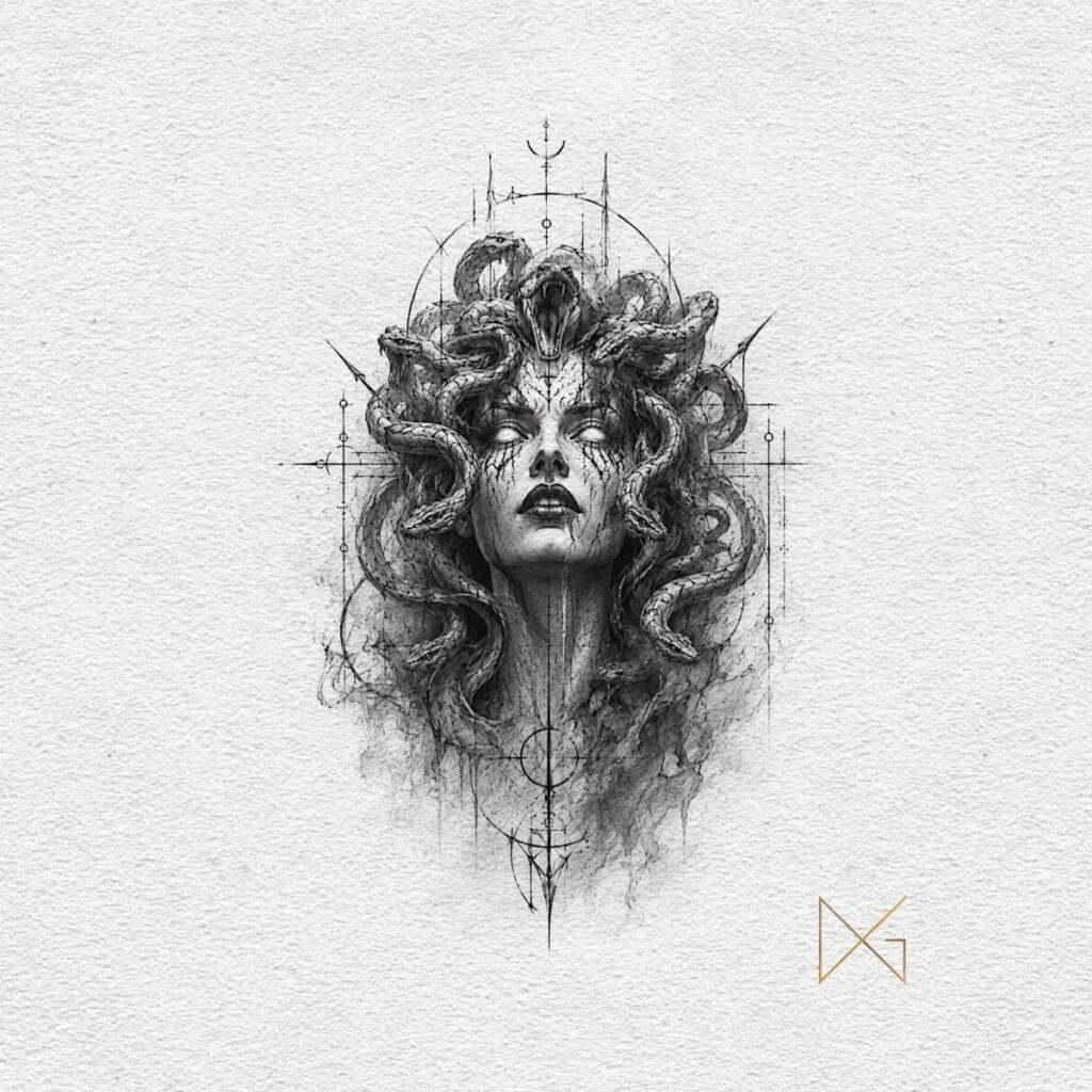 Medusa portrait with snake hair and geometric symbols on a white textured background