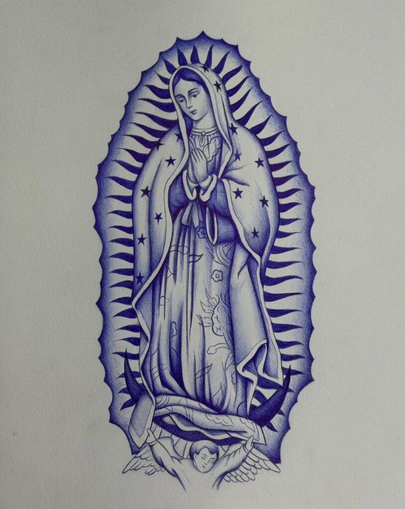 Blue ink drawing of Our Lady of Guadalupe with radiating light rays.