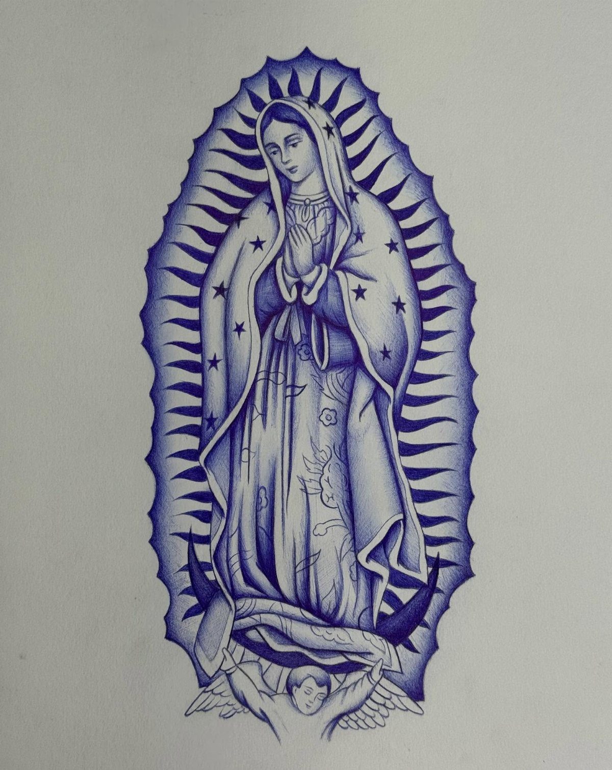 Blue ink drawing of Our Lady of Guadalupe with radiating light rays.