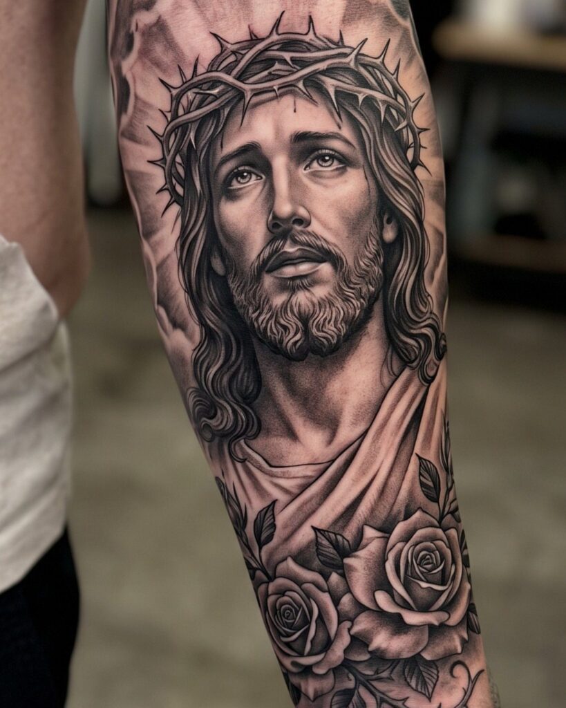 Jesus with crown of thorns and roses tattooed in black and grey realism.
