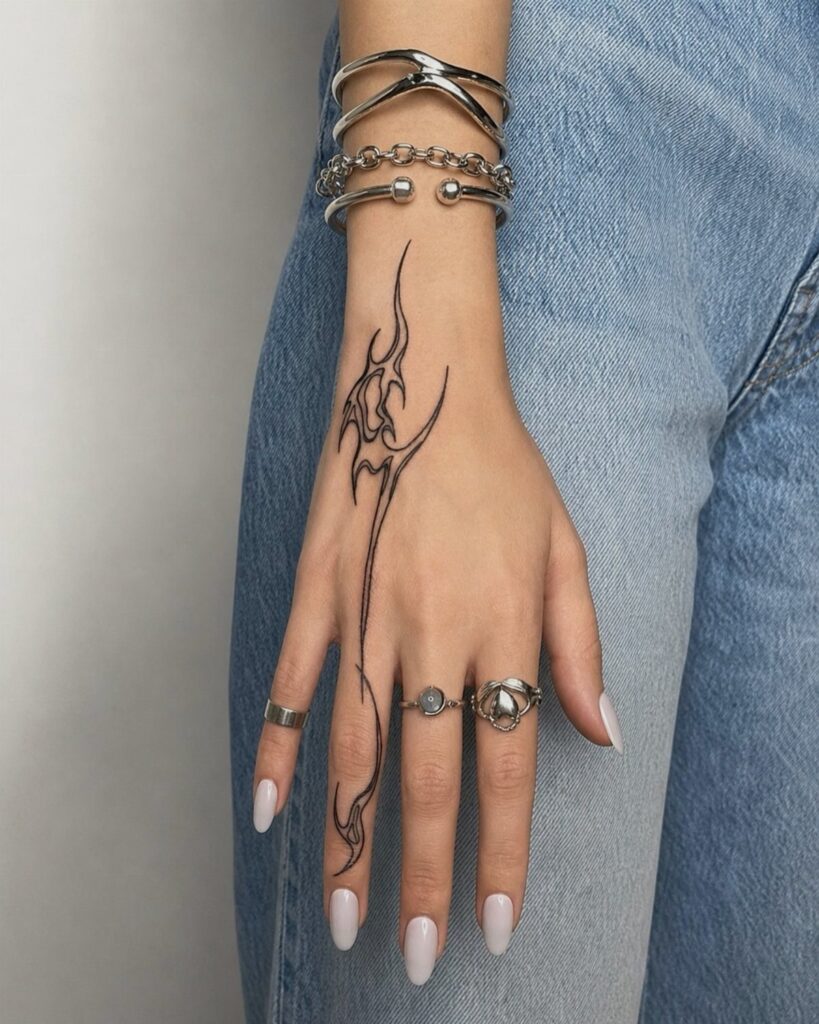 Hand with a black tribal tattoo, silver jewelry, and blue denim jeans.